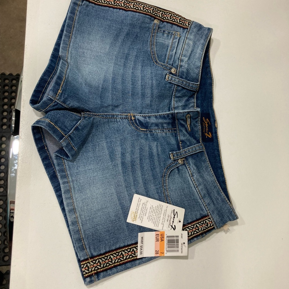 Seven7 Blue Jean Shorts with Patterned Trim